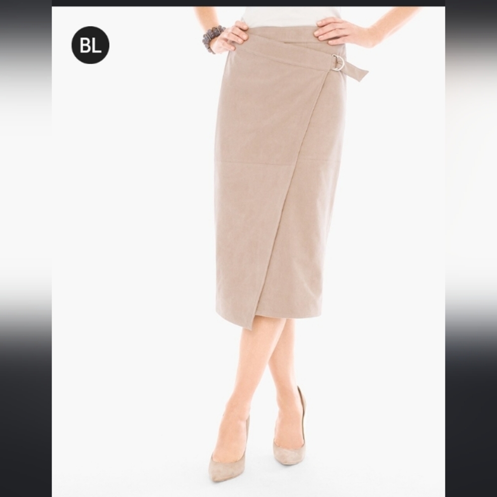 Chico's 2 Black Label Pencil Skirt Suede Faux Wrap Stretch euc